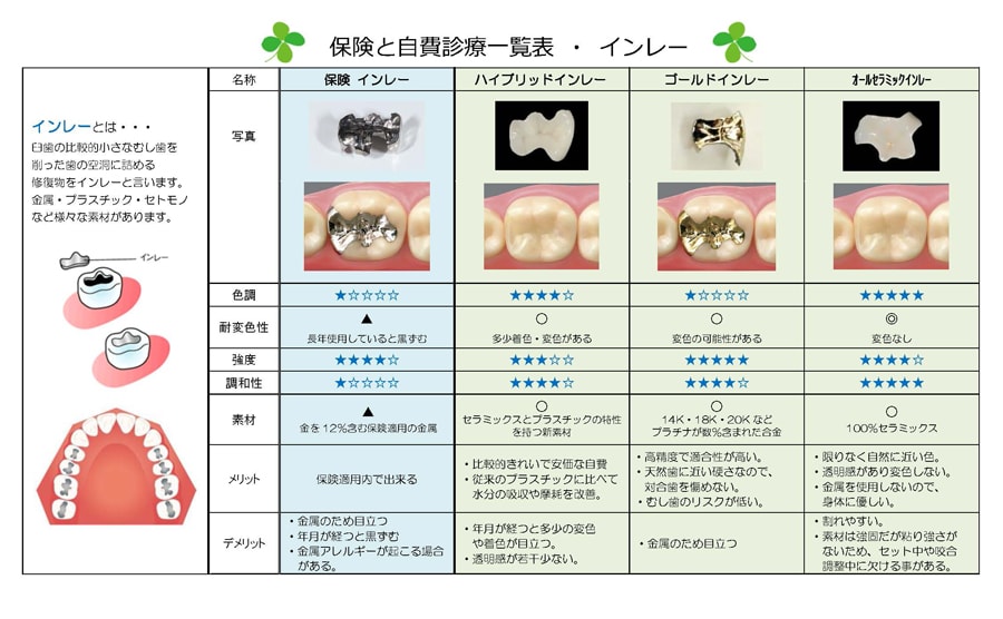 保険と自費診療一覧表・インレー