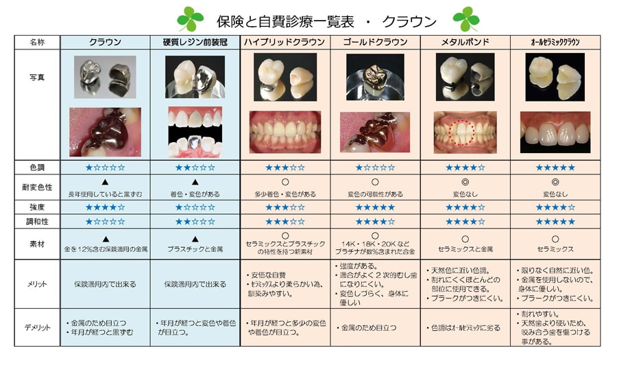 保険と自費診療一覧表・クラウン