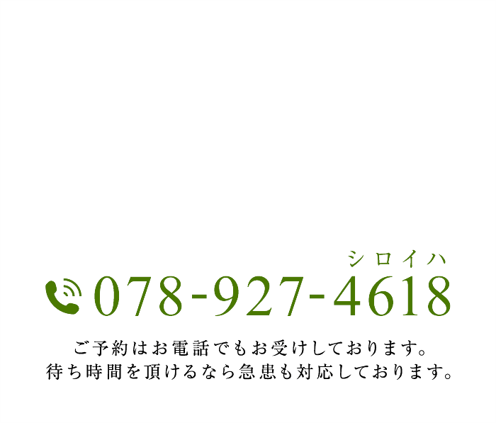 TEL:078-927-4618 ご予約はお電話でもお受けしております。待ち時間をいただけるなら急患も対応しております。